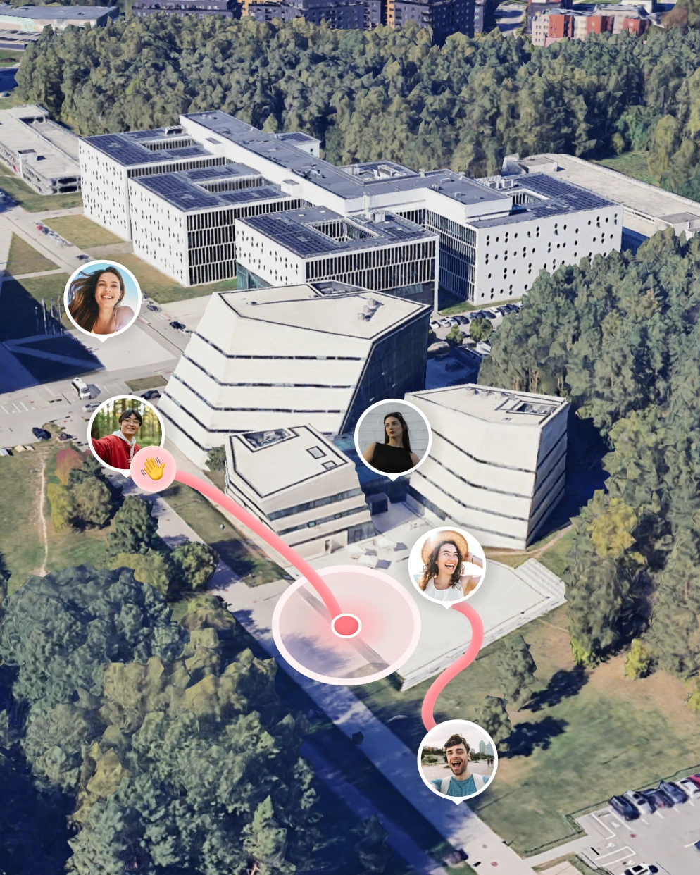 The image shows an aerial view of a modern university or research campus surrounded by trees and green spaces. Overlaid on the photo are several circular profile pictures connected by pink curved lines, suggesting a social networking or location-based app visualization. At the center of the image is a glowing pink circle with radiating waves, indicating a user’s current location or activity hub. The pink lines extend from this point to nearby profile icons of smiling young people — two women and two men — creating a sense of social proximity or potential matches. Overall, the image visually represents people nearby on a map — likely illustrating how a social or dating app connects users within a university campus.